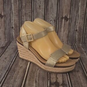 Sz 8.5 M Aetrex Sydney Gold Shimmer Espadrille Comfort Wedge Sandals Worn 2X!